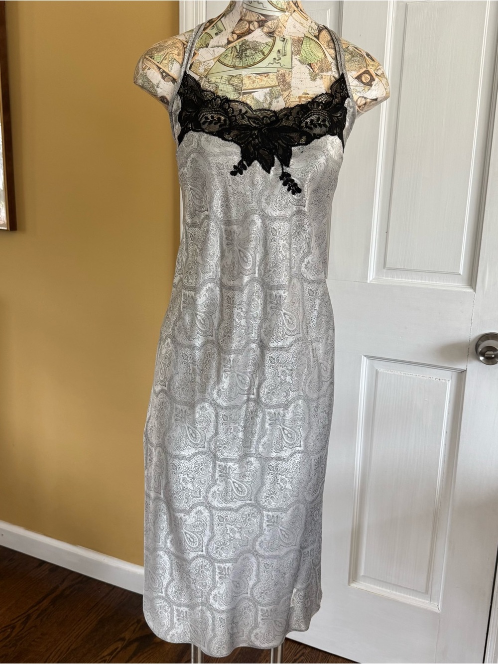 Josie Vintage Silver Paisley Black Lace Trim Slip Dress Nightie Size M